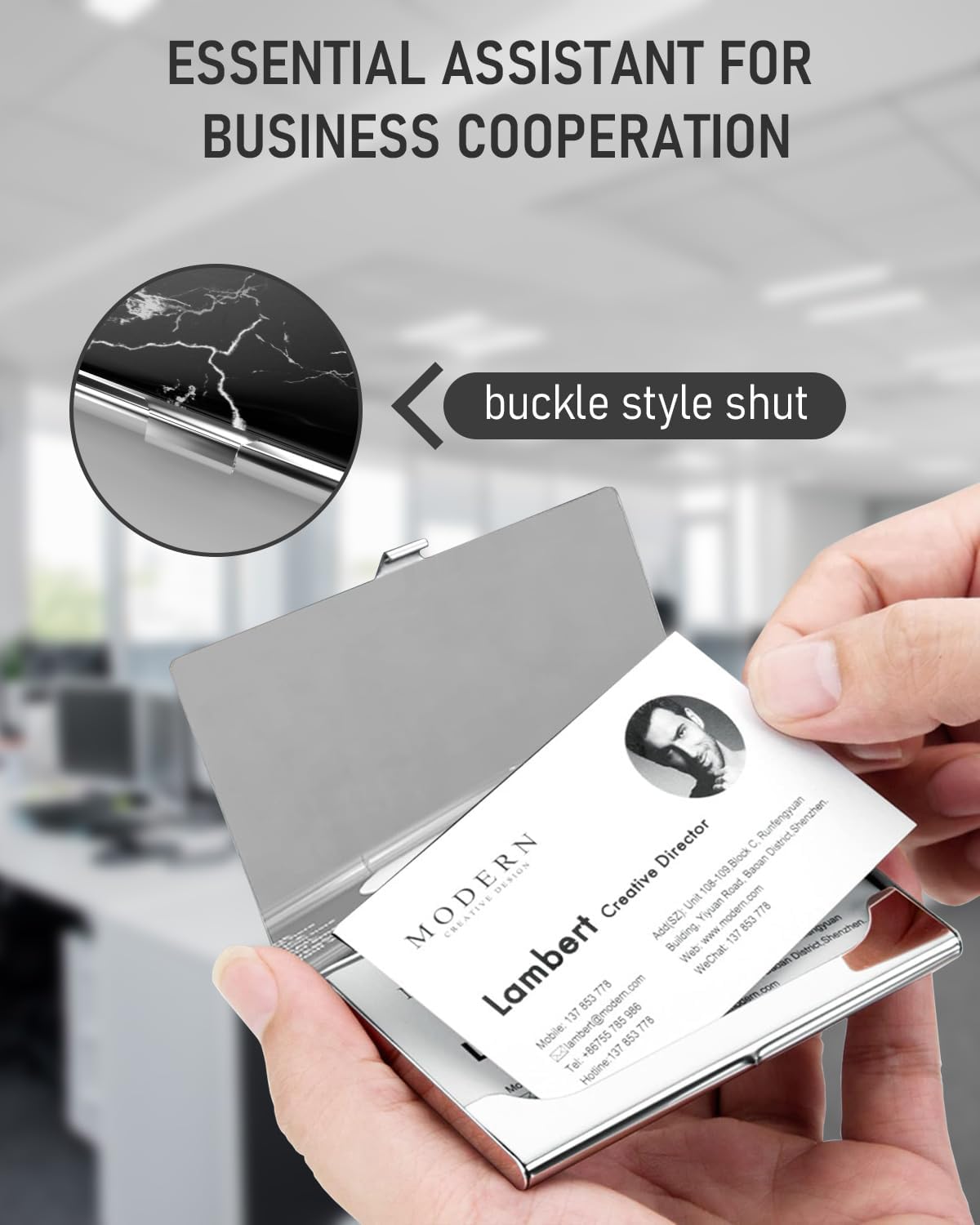 Business Card Metal Slim Organizer, Professional Stainless Steel Square Pocket Wallet for Office Workers, Compact and Portable for Pockets (Black Marble