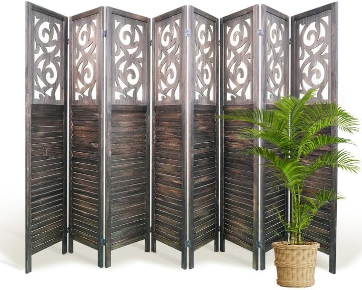 Room Divider, 5.6FT Folding Room Divider Panel, 8 Panel Craved Wood Partition Wall Divider for Room Separation, Rustic Brown