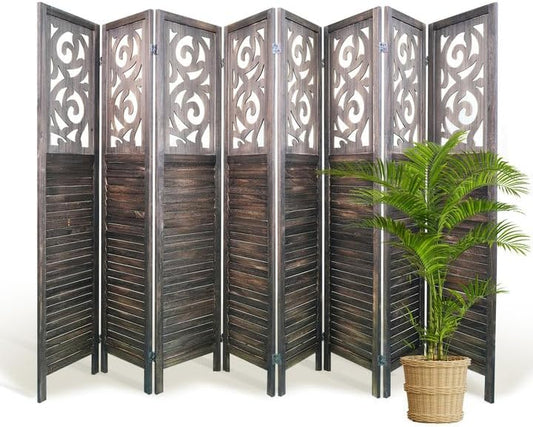 Room Divider, 5.6FT Folding Room Divider Panel, 8 Panel Craved Wood Partition Wall Divider for Room Separation, Rustic Brown