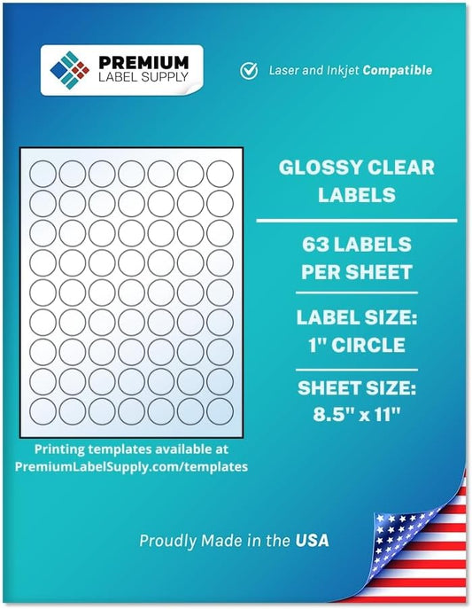 Premium Label Supply Glossy Clear Sticker Round Labels – 1" Circle – Laser/Inkjet Compatible – (63 per Sheet), 100 Sheets – 6,300 Total Adhesive Labels