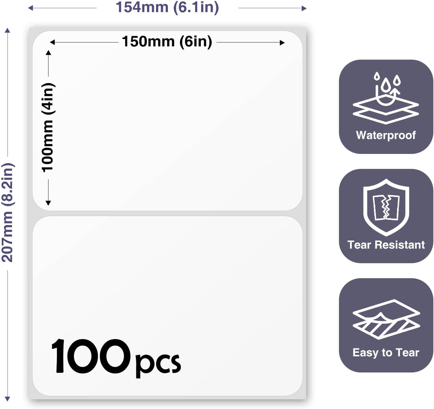 100Pcs Large White Labels for Storage Bins,6x4 Inch Removable Labels,Large Labels for Blank Box,Strong Adhesive Tear Resistant No Residue Blank Labels (White)