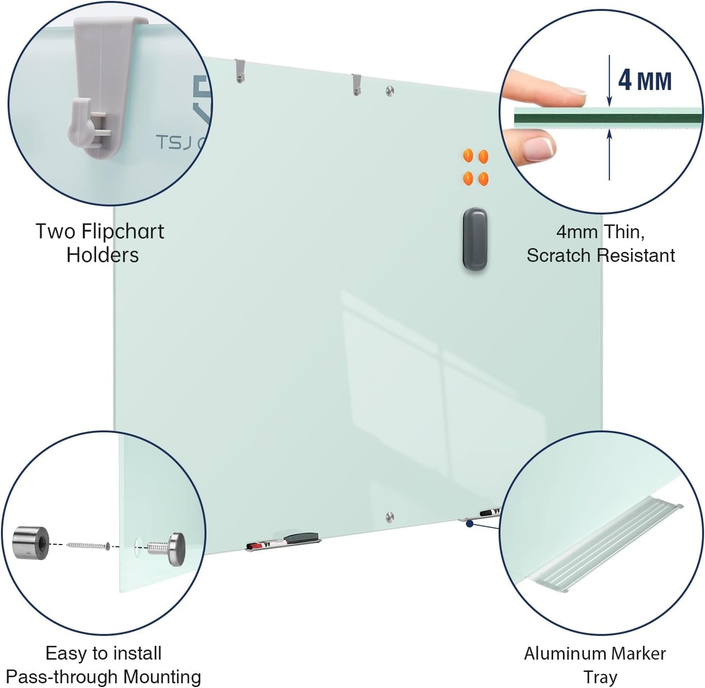 TSJ OFFICE Glass Dry-Erase Board - 72 x 48 Inches (6' X 4') Wall Mounted Glass Magnetic Whiteboard, Extra Large Frameless White Board for Office, Home & School
