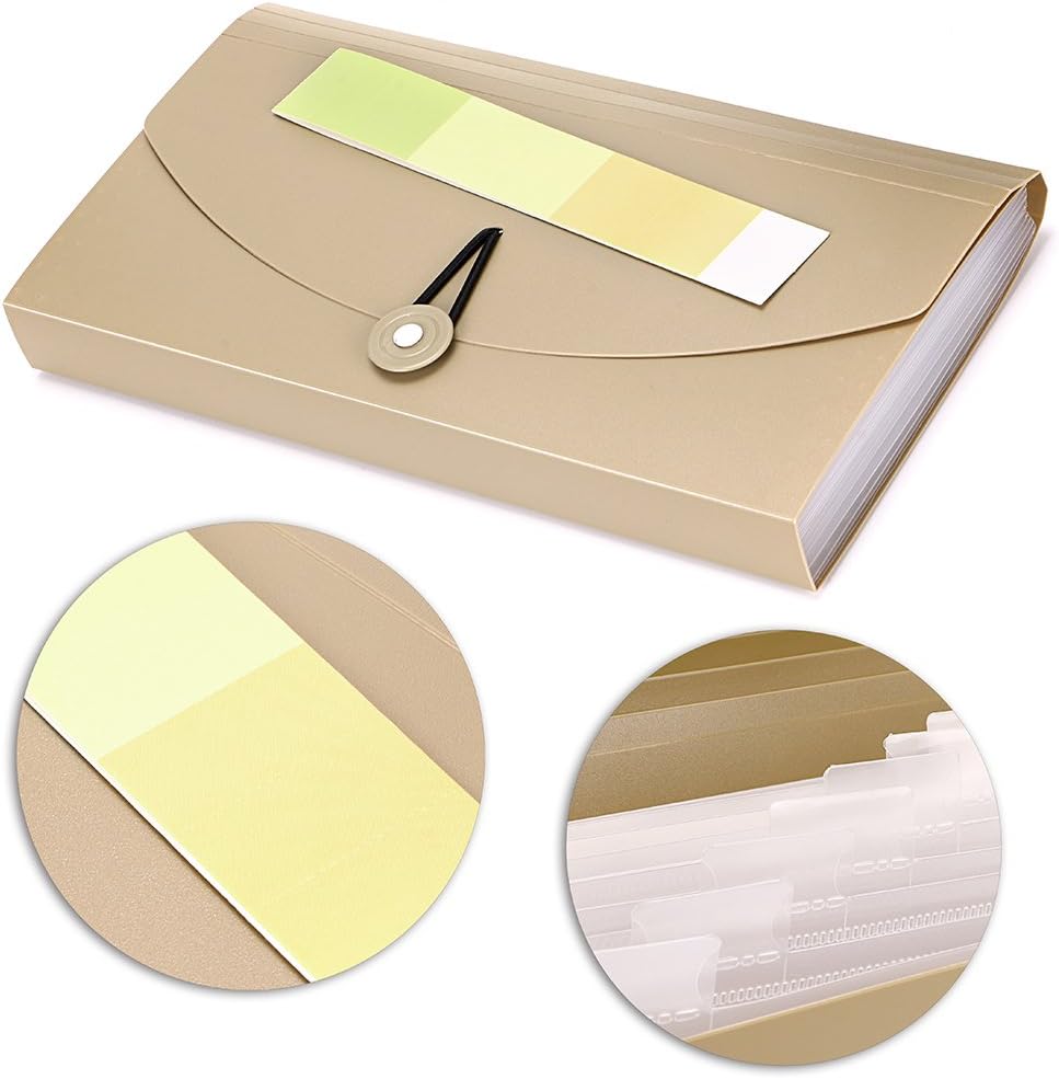 BTSKY Expanding File Folder - 13 Pockets Small Accordion Card and Ticket Holder, Document Organizer Wallet Case for Business, Check, Bill Storage, Khaki