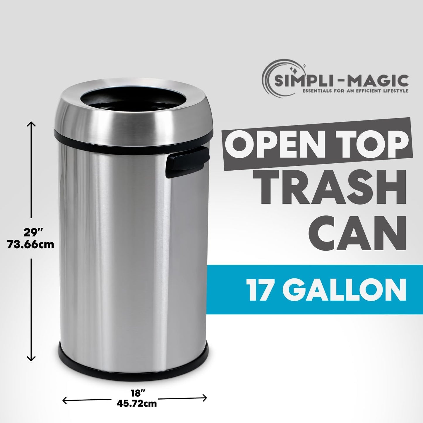 Simpli-Magic 65 Liter Open Top Trash Can, Commercial Grade, Stainless Steel