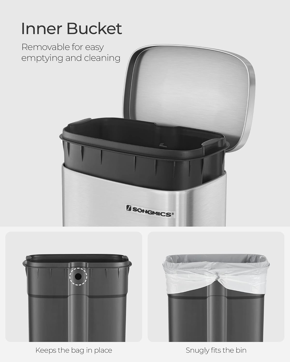 SONGMICS Trash Can with Lid, 8 Gallon Garbage Can, Stainless Steel Small Waste Bin with Step Pedal and Inner Bucket, Soft Close, Kitchen, Silver ULTB03NL