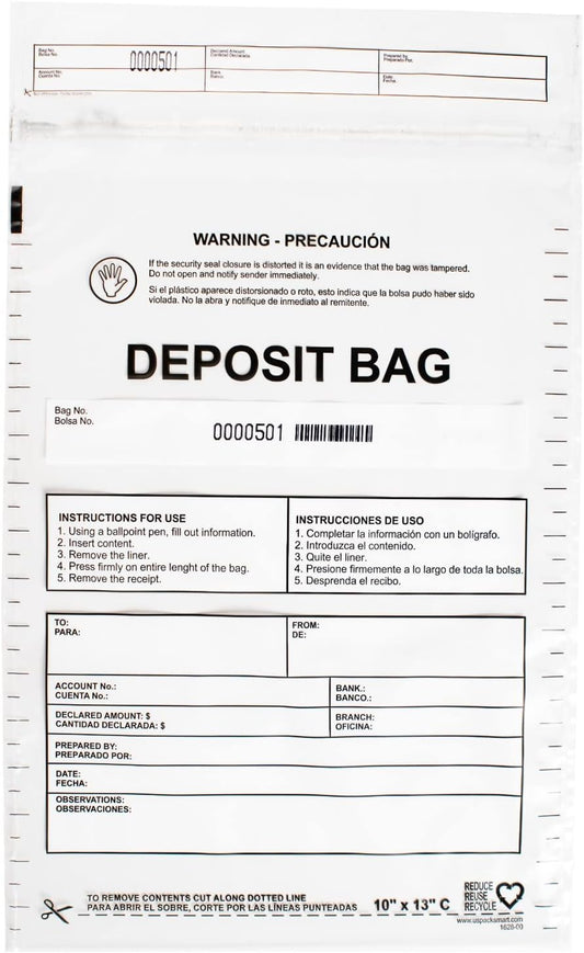Clear Plastic Deposit Bags 10"x13" | Secure Bank Deposits, Cash Handling or Safe Currency Transportation | Sequential Barcodes | Tamper-Evident | Tear-Off Receipt for Security | 100-Pack