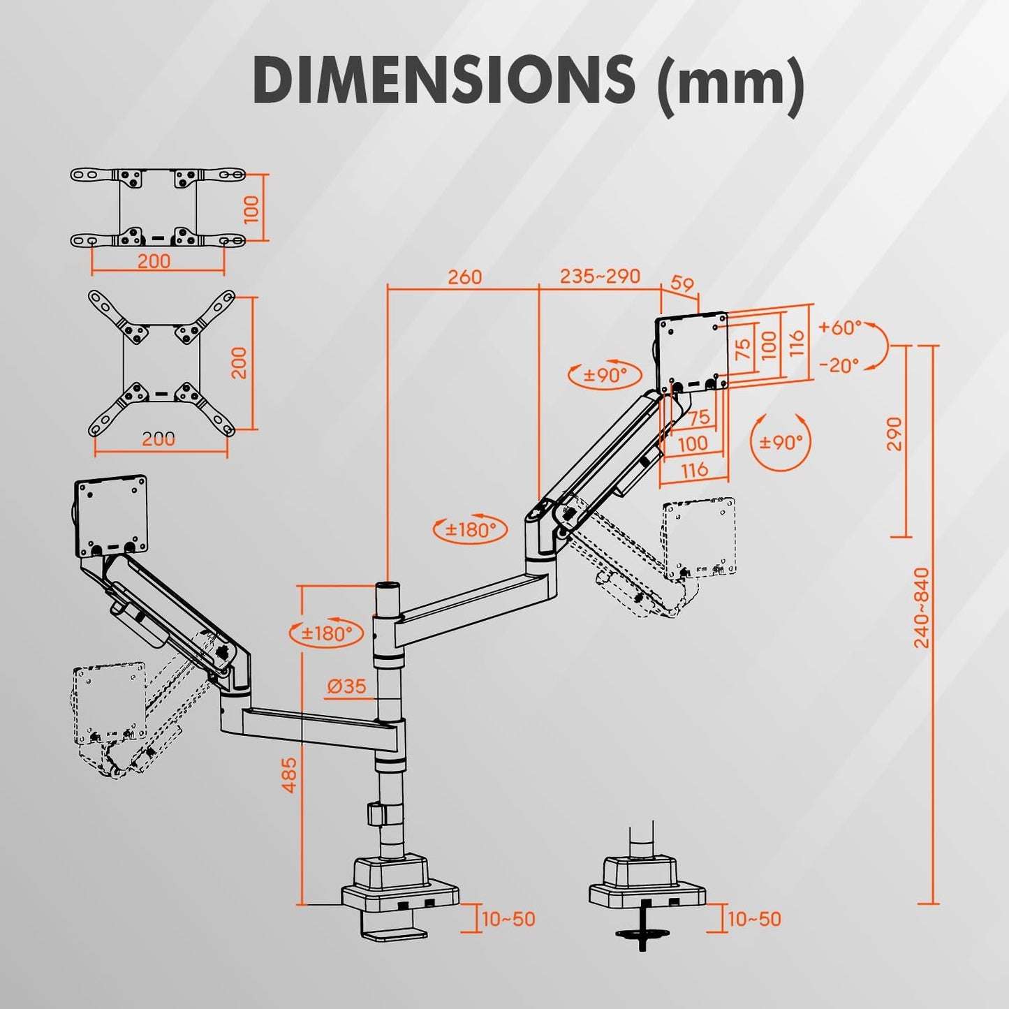 Dual Monitor Arm for 17-57 Inch Ultrawide Screens – Heavy Duty Monitor Arm Desk Mount – VESA Mount with Clamp and Grommet Base – Holds Up to 59.4 lbs. Each