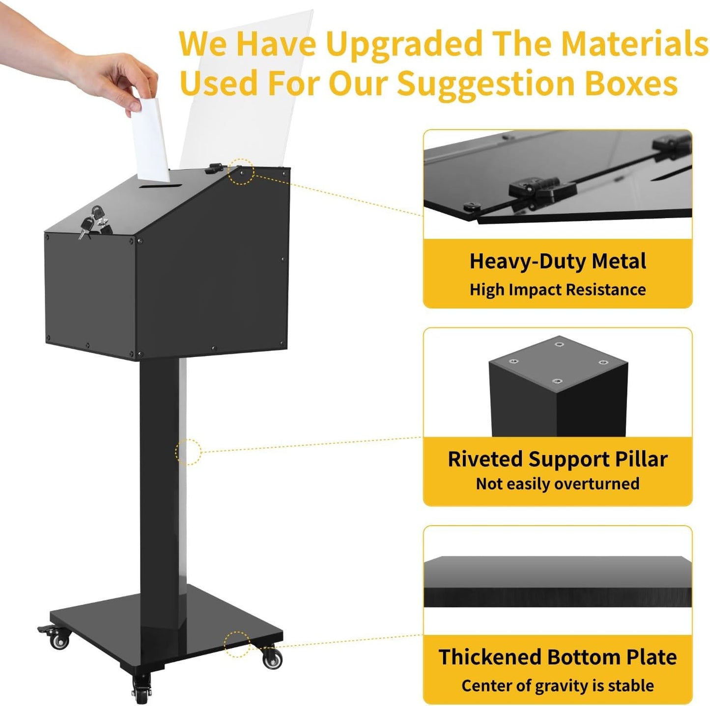 Large Acrylic Donation Box with Stand, Suggestion Box for Church, Drawing Raffle with Key&Lock, for Collection Fundraising, Offering, Ballots, Feedback, Black