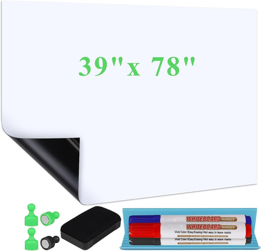 White Board Sticker Adhesive Backing, 39" x 78" Magnetic Dry Erase Board Contact Paper Stick on Wall, Whiteboard Sheet for Teacher Kids Classroom, Include Markers, Eraser with Magnet