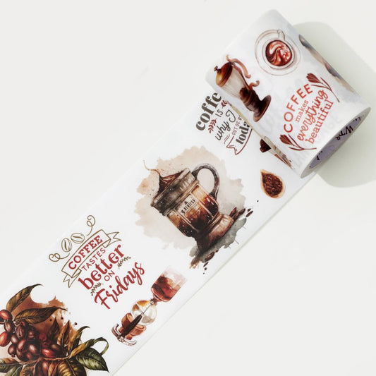 WT Caffeine Canvas Wide Washi Tape, Single Roll, Original Designs, Watercolor Vintage Cafe Paper Tape, Coffee Theme for Journals, Scrapbooks, Bujo Planners, DIY Crafts Supplies
