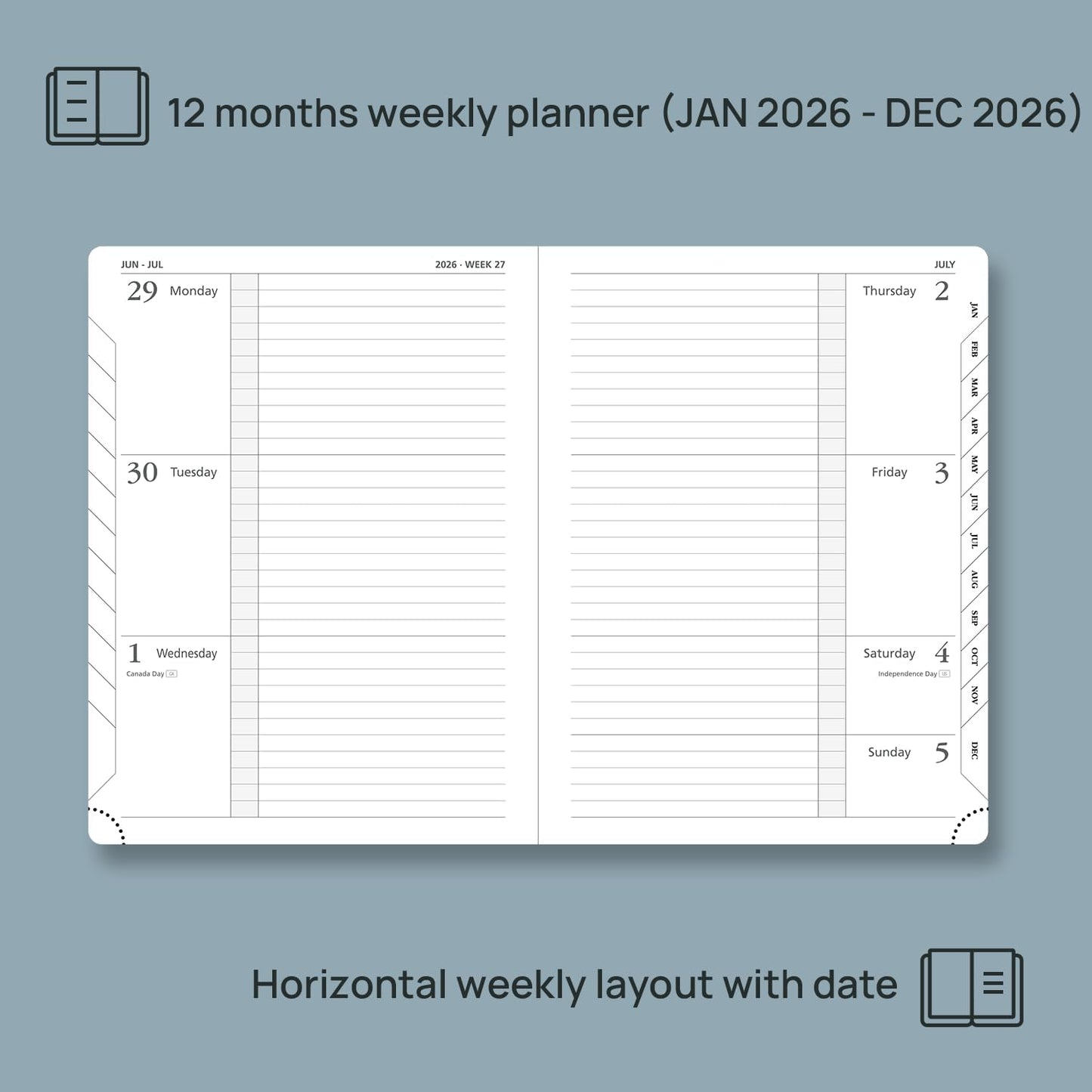 POPRUN 2026 Weekly Planner (Medium 6.75" x 8.75") 12 Months Calendar Notebook with Horizontal Layout, Leather Hardcover, Inner Pocket, 100GSM Thick Paper, Pen Holder - Lavender