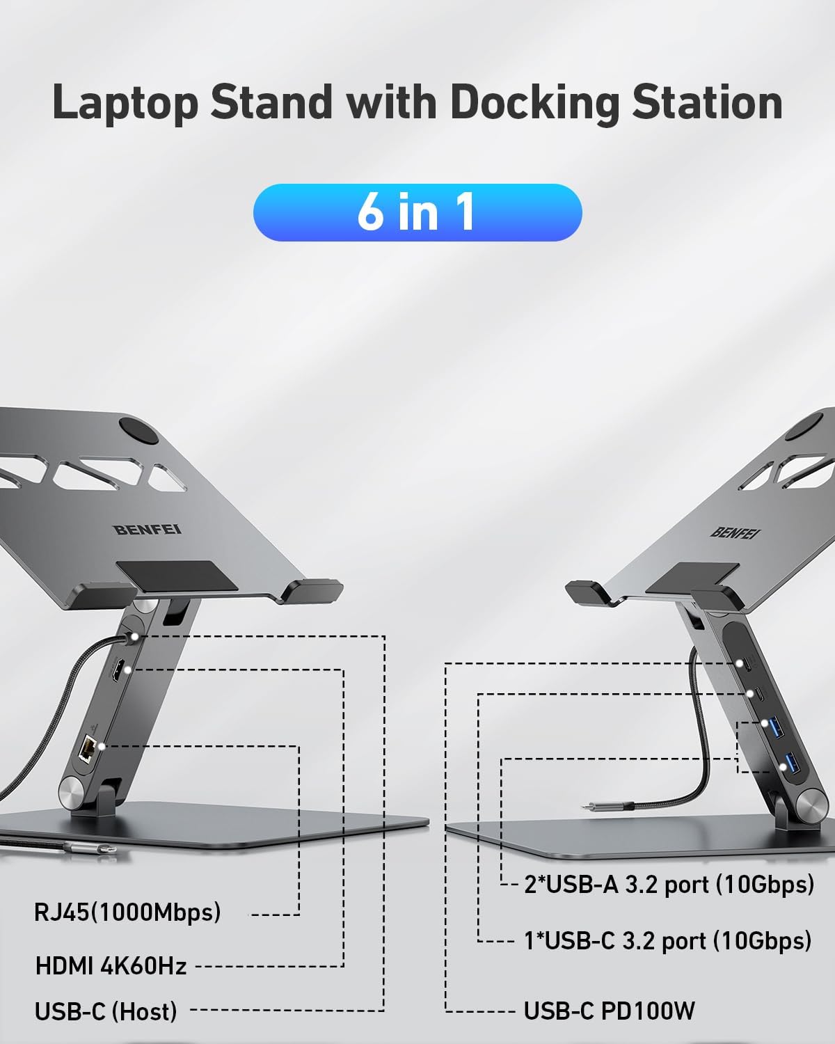 BENFEI Laptop Stand with USB C 6in1 Docking Station, HDMI 4K@60Hz,Gigabit Ethernet, 100W Power Delivery, 10Gbps 1*USB C 3.2 and 2*USB A 3.2 Compatible with MacBook Pro/Air, iPad Pro, XPS, Thinkpad