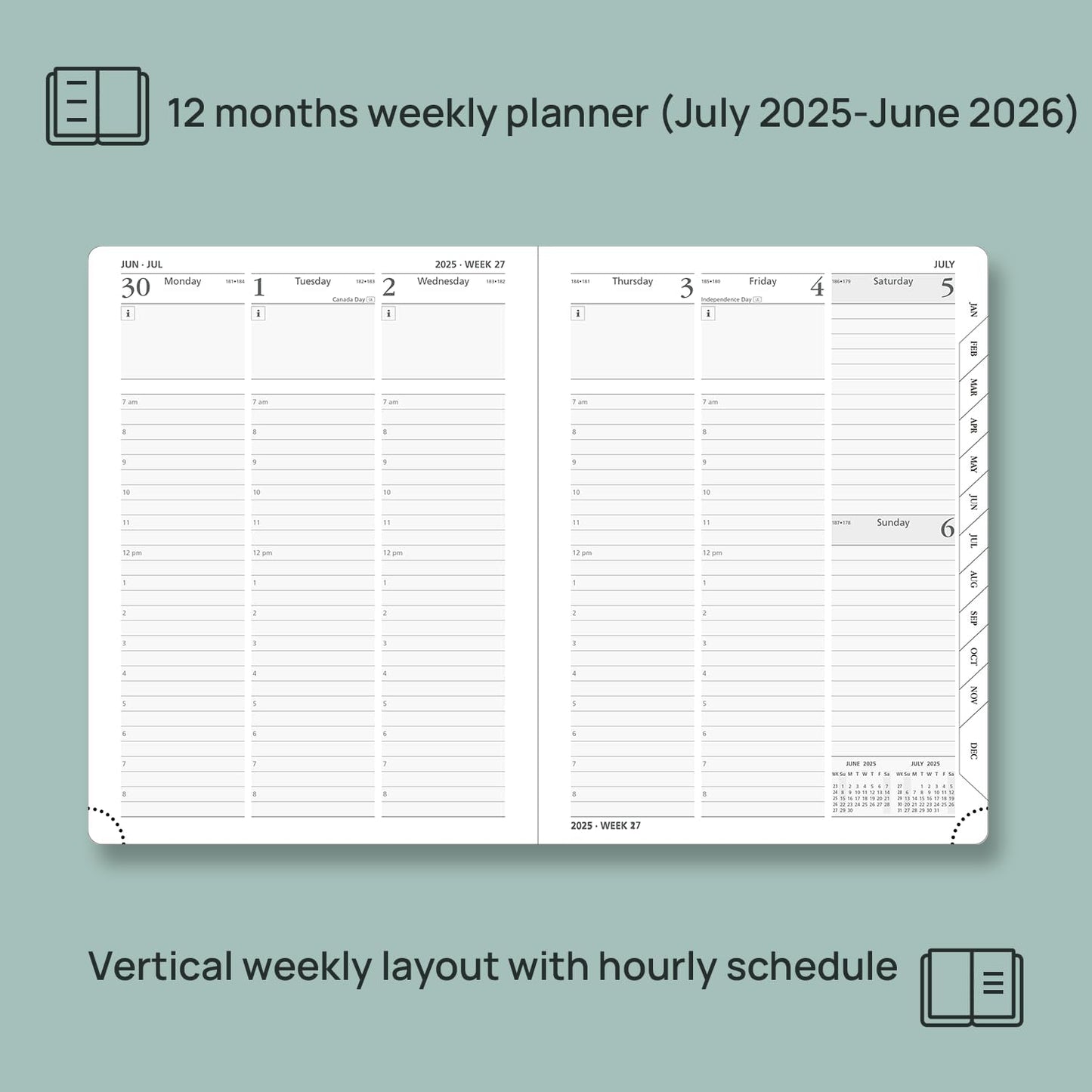POPRUN Planner 2025-2026 (Medium - 6.5'' x 8.5'') Academic Weekly Calendar (July 2025 - June 2026) with Hourly Time Slots, Monthly Tabs, 100GSM Thick Papers, Leather Soft Cover - Black