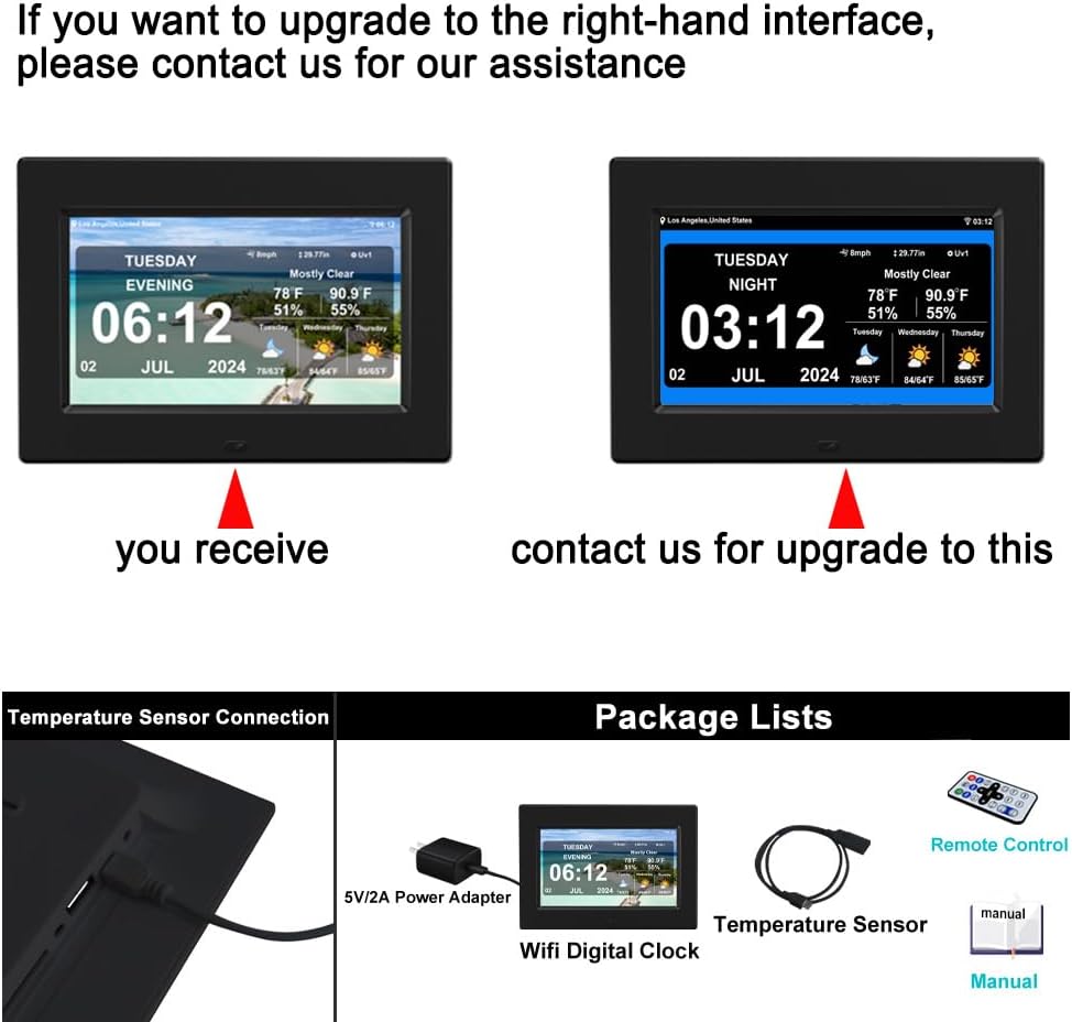 New Digital Weather Clock with Temperature Humdity Alarm Clock (7inch- Black)