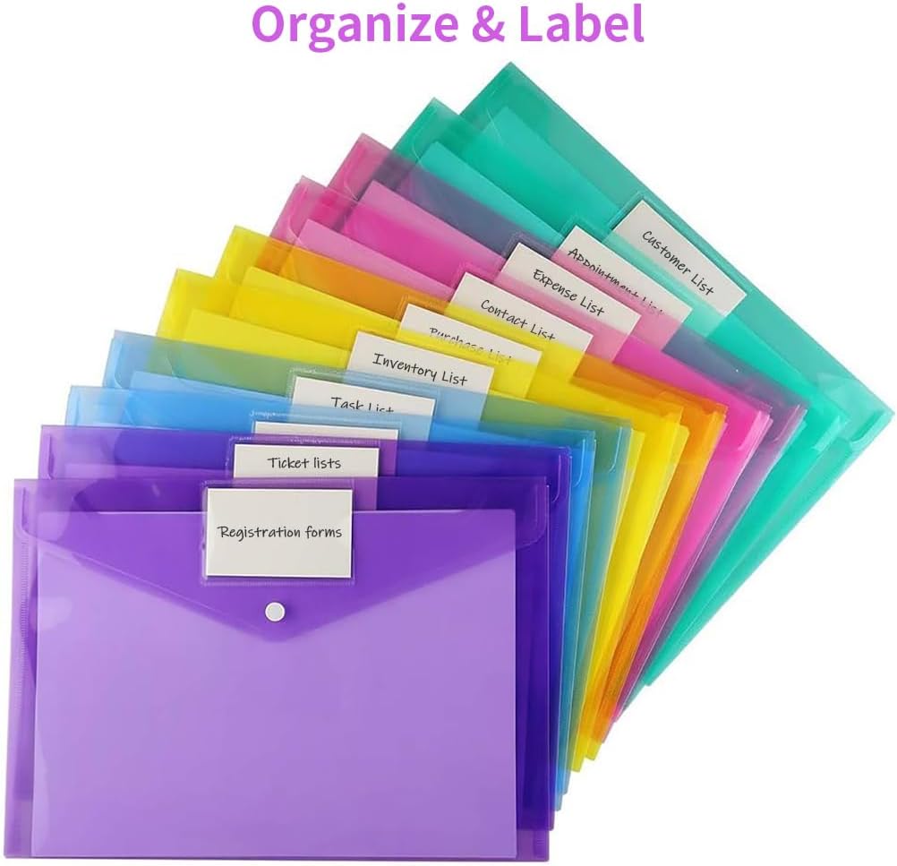 Sooez 6 Pack Folders Plastic Envelopes, Clear Plastic File Folder for Document, Letter A4 Size Poly File Envelopes with Label Pocket, Snap Button for Home Work Office Organizer, 6 Colors
