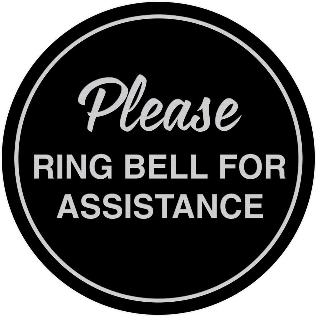 Signs ByLITA Circle Please Ring Bell For Assistance Wall or Door Sign | Easy Installation | Front Desk Reception Sign (Black/Silver) - X-large (10 Pack)