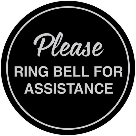 Signs ByLITA Circle Please Ring Bell For Assistance Wall or Door Sign | Easy Installation | Front Desk Reception Sign (Black/Silver) - Small (2 Pack)