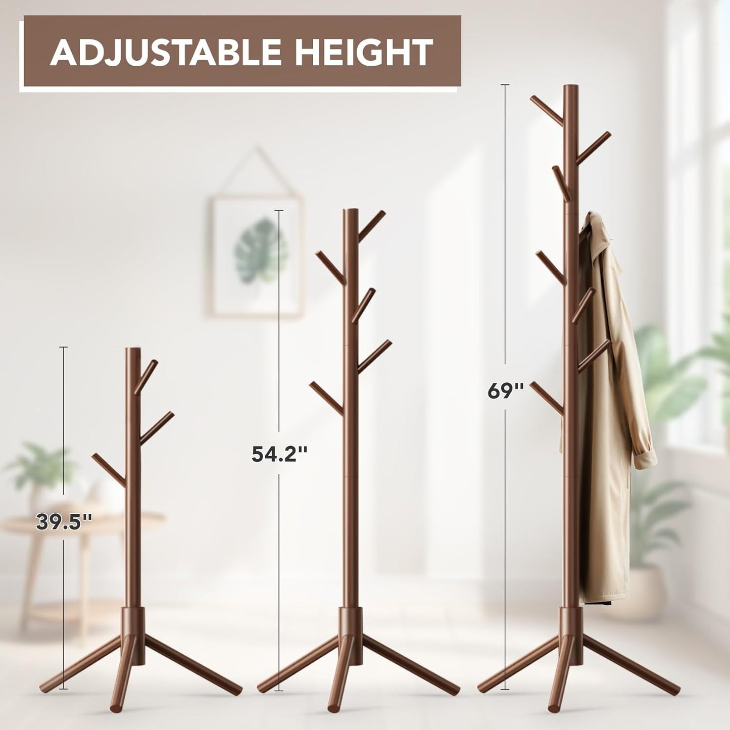 Wooden Tree Coat Rack Stand,Sturdy Freestanding Coat Rack with 8 Hooks,3 Adjustable Height for Child Adult,Wood Coat Stand Tree Fits Entryway Bedroom Office for Bags,Hats