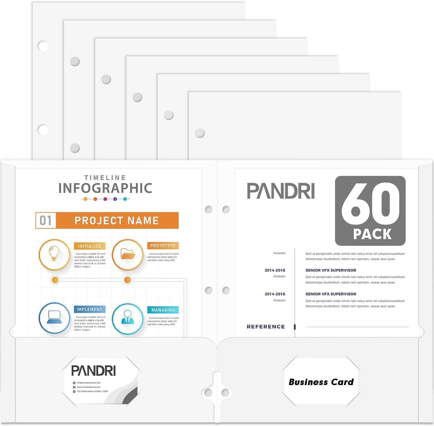 Two Pocket Portfolio Folders, PANDRI 60 Pack 3 Hole Punched 2 Pocket Folders for 3 Ring Binder, Letter Size Paper File Folder for School Office Home Business, White