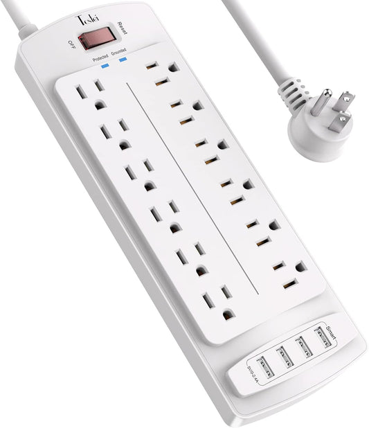 Power Strip, Tcstei Surge Protector with 12 Outlets and 4 USB Ports, 6 Feet Extension Cord (1875W/15A) for for Home, Office, Dorm Essentials, 2700 Joules, ETL Listed, (White)