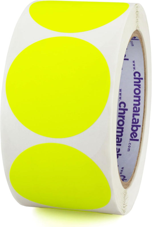 ChromaLabel 2 Inch Round Colored Stickers, High Visibility Permanent Sticky Dots Color Coding Labels, Easy to Write On Dot Stickers - 500 Sticker Dots per Roll, Matte Finish Fluorescent Yellow