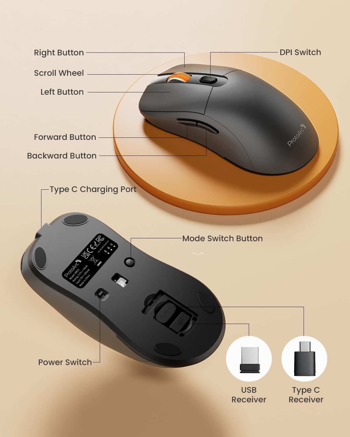 ProtoArc Bluetooth Wireless Mouse, USB C Mouse, EM15 Rechargeable Compact Portable Type C Wireless Mice for Laptop, Tablet, PC, Windows, Mac OS-Gray