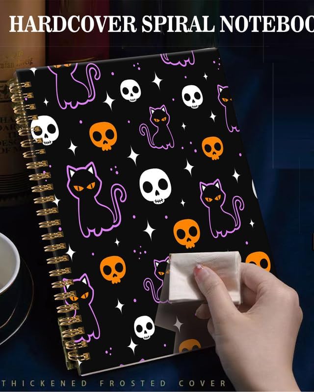 Spiral Journal Notebook,A5 Hardcover Lined Journals for Women Girl 6 x 8.3 in,120 Pages Thick Paper,Cute College Ruled Writing Notebook for Gifts Office Work School(Halloween Skull Cat)