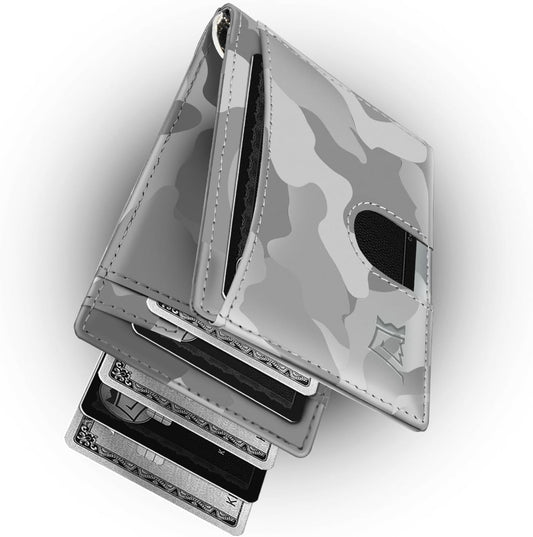Kings Loot Money Clip Slim Minimalist Wallet for Men – RFID Blocking Leather Design with Money Clip – Front Pocket Bifold Holds 12 Cards – Stylish & Compact Wallets (Camo White)