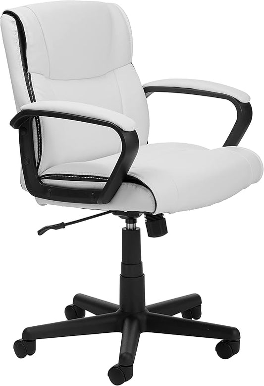 Amazon Basics Office Computer Task Desk Chair with Padded Armrests, Mid-Back, Adjustable, 360 Swivel, Rolling, 275 Pound Capacity, 24.2"D x 24"W x 38.6"H, BIFMA Certified, White Faux Leather