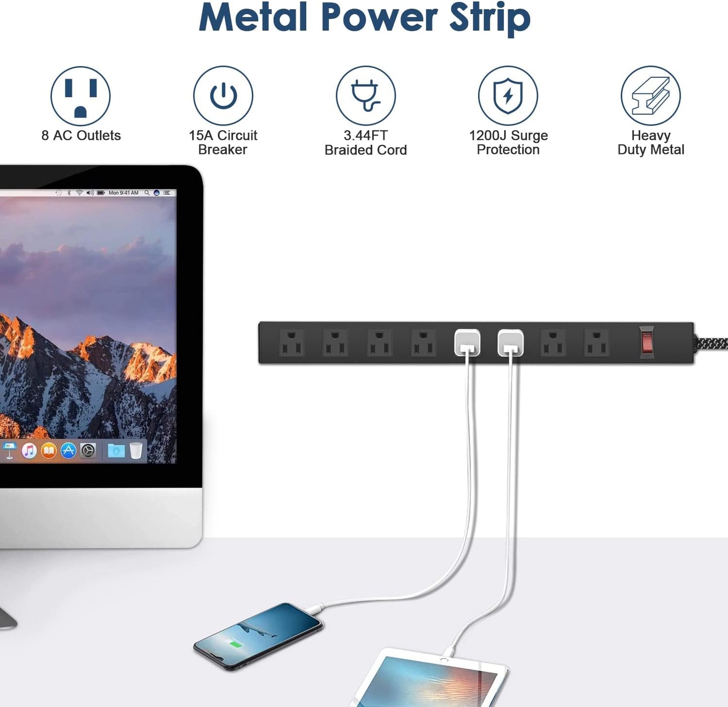 Metal 8 Outlet Mountable Power Strip with Switch,Wide Spaced Heavy Duty Wall Mount Power Strip Surge Protector 1200J,3FT 14AWG Braided Cord 15A 125V 1875W for Home Office Industrial Garage Commercial