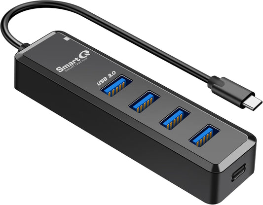 SmartQ H302 4-Port USB 3.0 Hub Long Cable 1ft 3ft with Micro-B Charging Port, Fast Data Transfer USB Hub, Compatible Windows PC, Mac, Surface Pro, Laptop, Printer (USB C - 0.5ft)