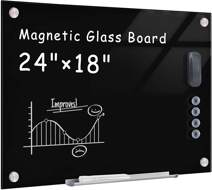 Magnetic Glass Whiteboard，24"x18" Wall Mounted Frameless Dry Erase Board for Office, Home & School Black