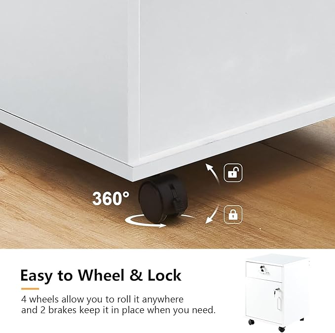 TUKAILAi Mobile File Cabinet with Lockable Drawer & Door, Under Desk Rolling Filing Cabinet with 4 Wheels, Wooden Stationery Storage Cabinet for Home Office (White)