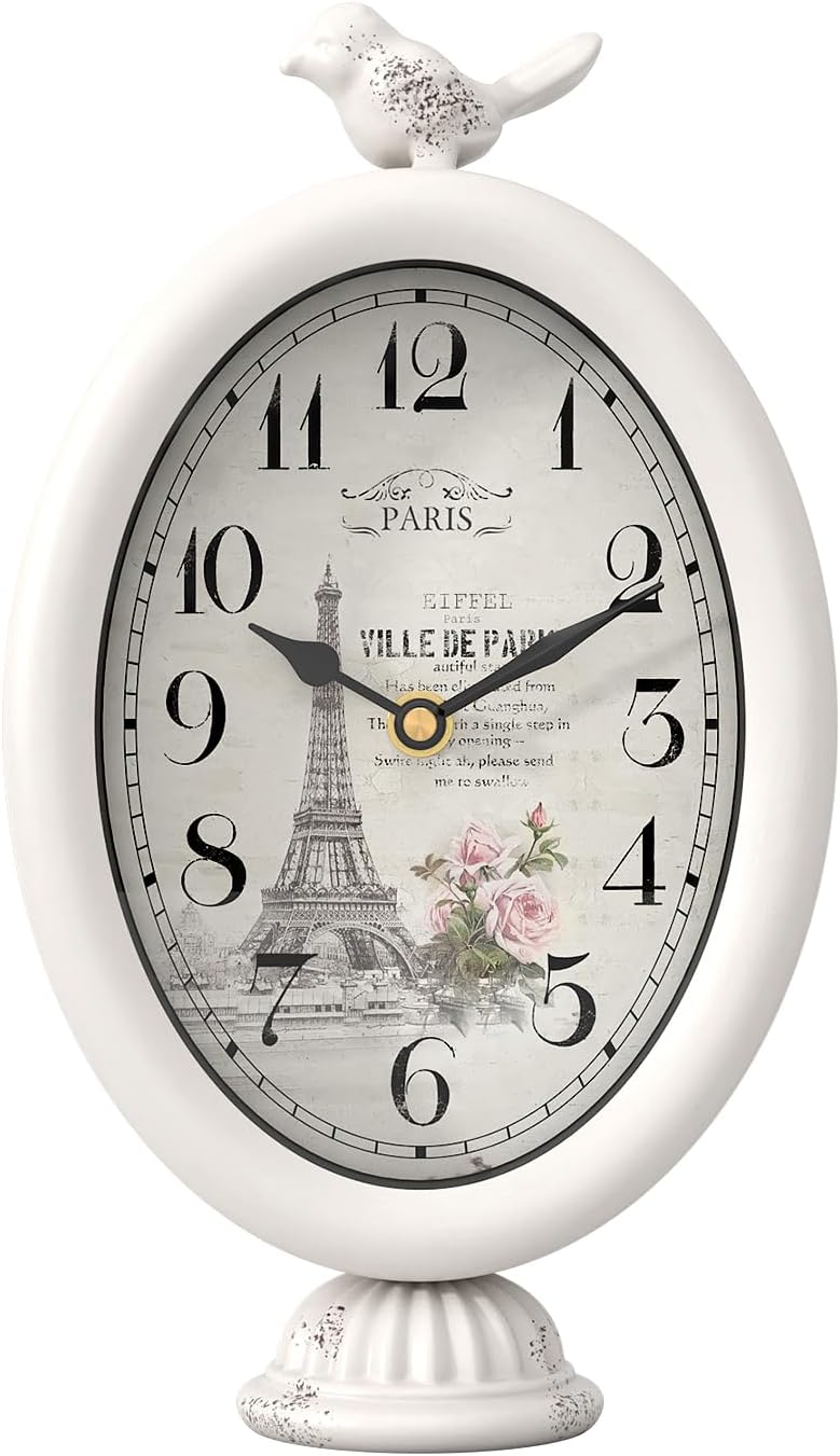 Vintage Table Clock with Bird, Desk and Shelf Decor Clock, French Paris Style, Antique White Metal Mantel Clocks for Living Room, Farmhouse, Bedroom, Bedside, Gift (10" H x 5.9" W)