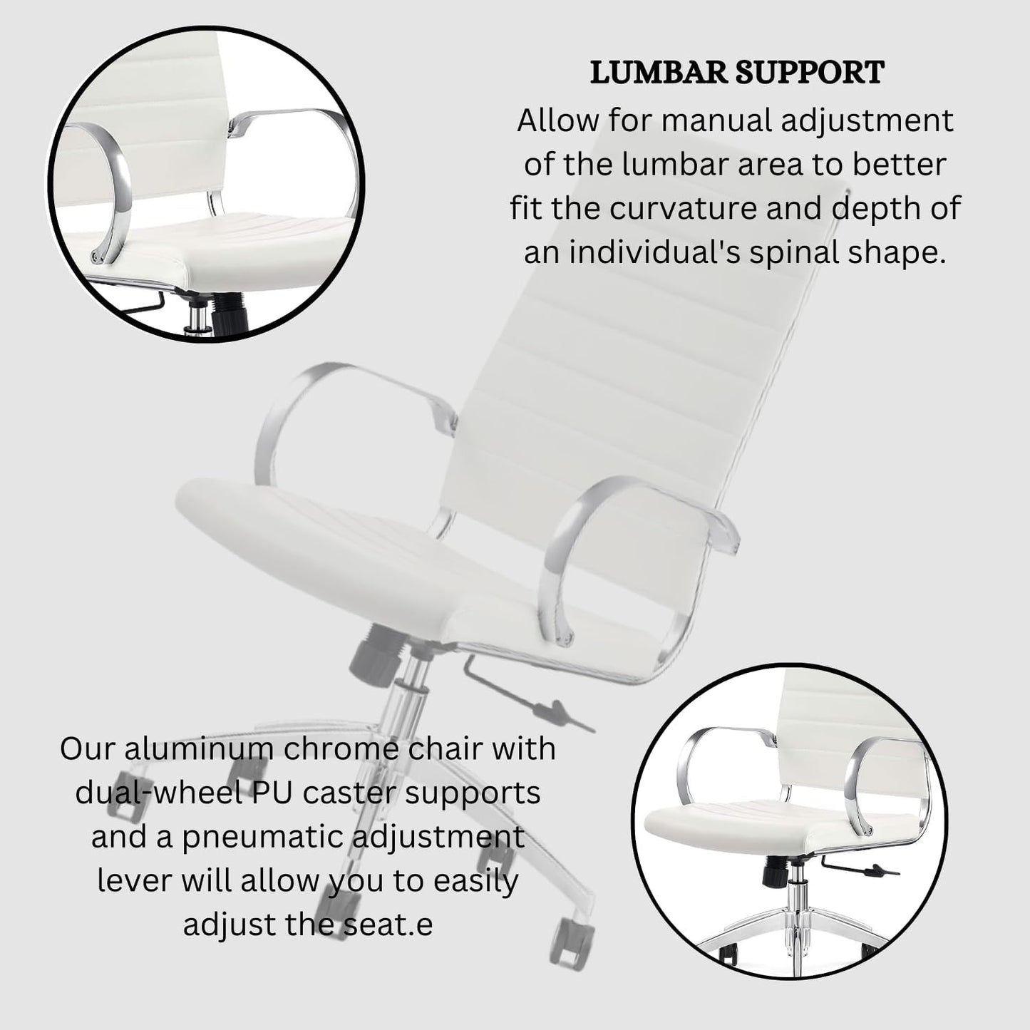 Ribbed High Back Conference Room Chairs - Lumbar Support, Modern Style Executive Home Office Chair - 360 Swivel Rolling Wheels - Aluminum Chrome Frame & Base- White Office Chair (Pack of 1)
