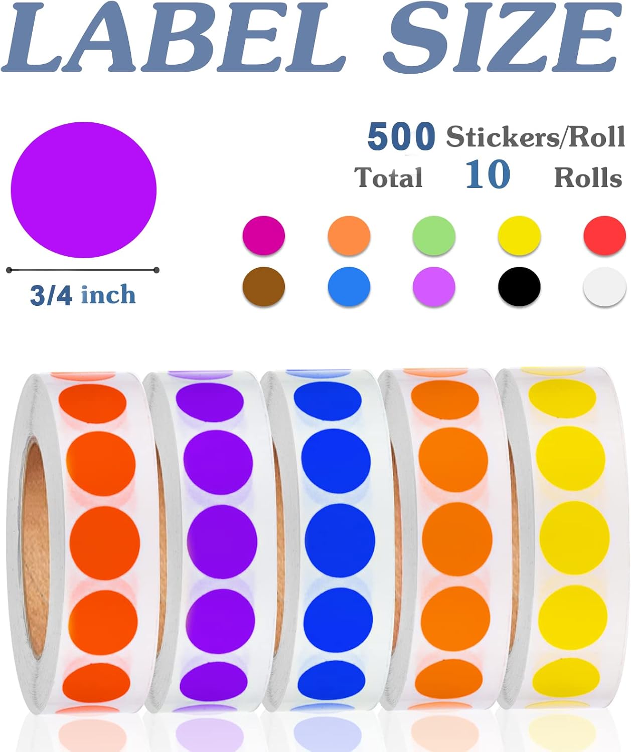 3/4 Inch Solid Round Color Coding Labels Roll, Self-Adhesive Circle Dot Sticker 10 Assorted Colors for Inventory and Home Organize, File Classification, 10 Colors (5000)