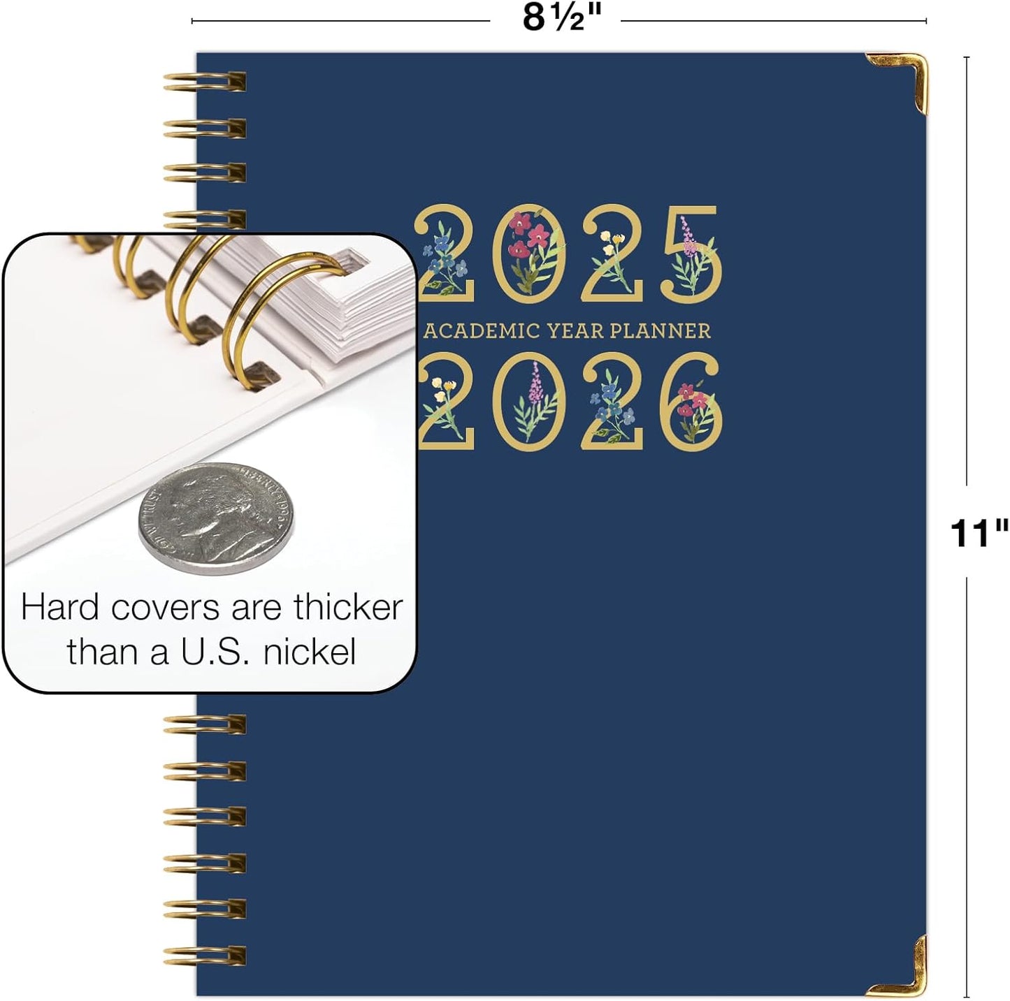 HARDCOVER Academic Year 2025-2026 Planner: (June 2025 Through July 2026) 8.5"x11" Daily Weekly Monthly Planner Yearly Agenda. Bookmark, Pocket Folder and Sticky Note Set (Navy Gold Numbers)