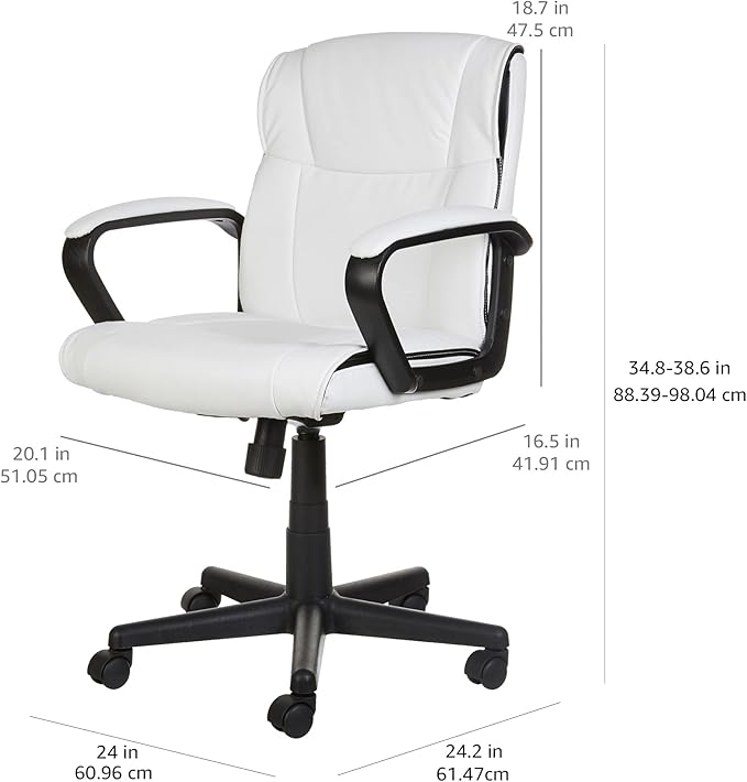 Amazon Basics Office Computer Task Desk Chair with Padded Armrests, Mid-Back, Adjustable, 360 Swivel, Rolling, 275 Pound Capacity, 24.2"D x 24"W x 38.6"H, BIFMA Certified, White Faux Leather
