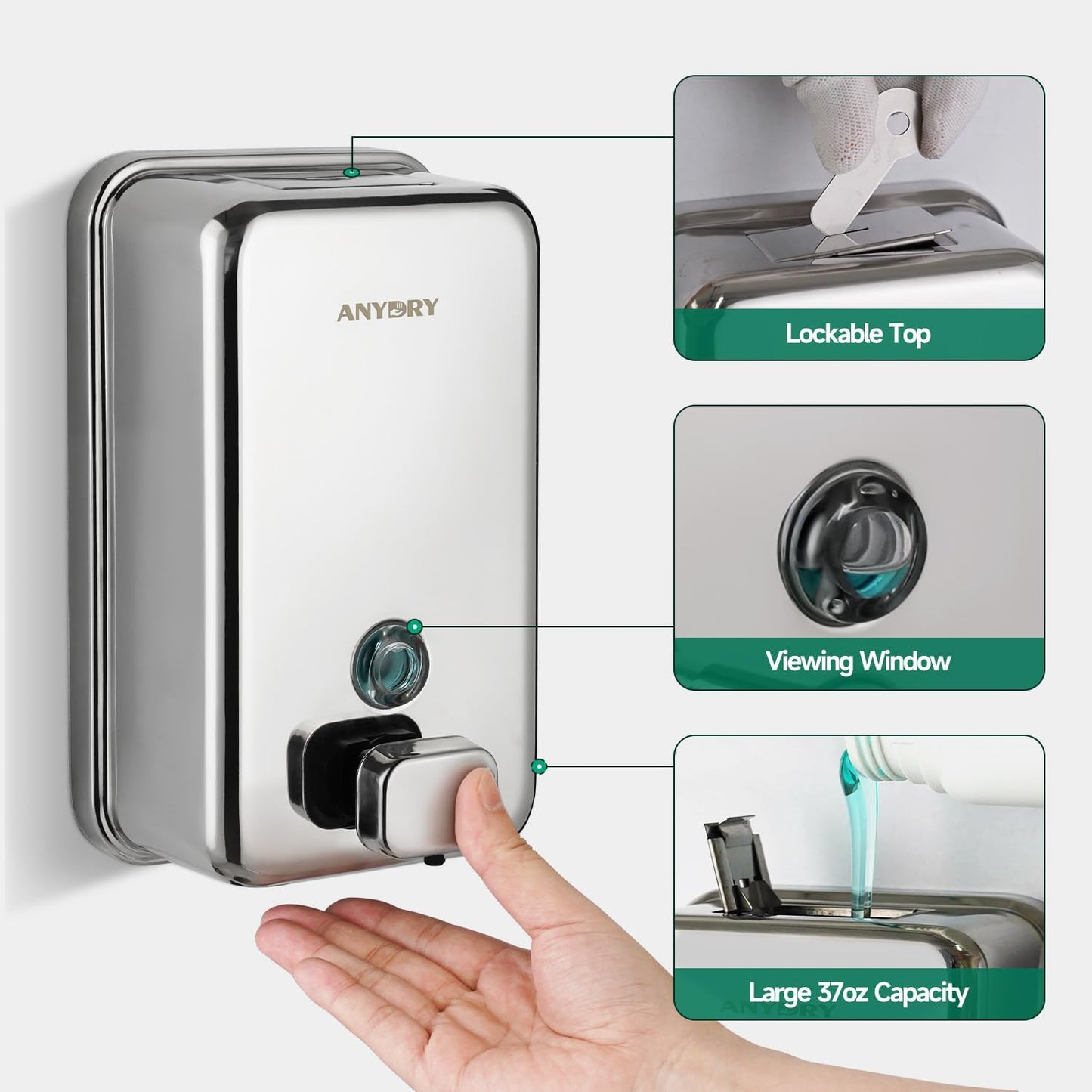 Commercial Wall Mounted Soap Dispenser 37oz 1100ml Large Capacity Polished Stainless Steel Manual Dispenser for High Traffic Restrooms