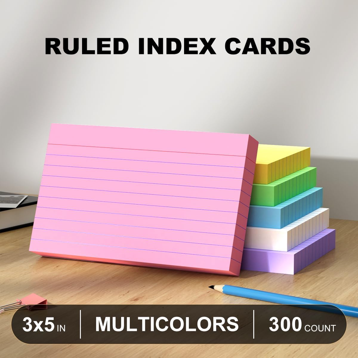 300 Count 3x5 Index Cards Lined Colorful Notecards Bulk Flashcards for Studying 3 x 5 Index Cards Ruled Notecards Multicolored Note Cards Flash Cards for Notes Office School, 6 Pack of 50 Sheets
