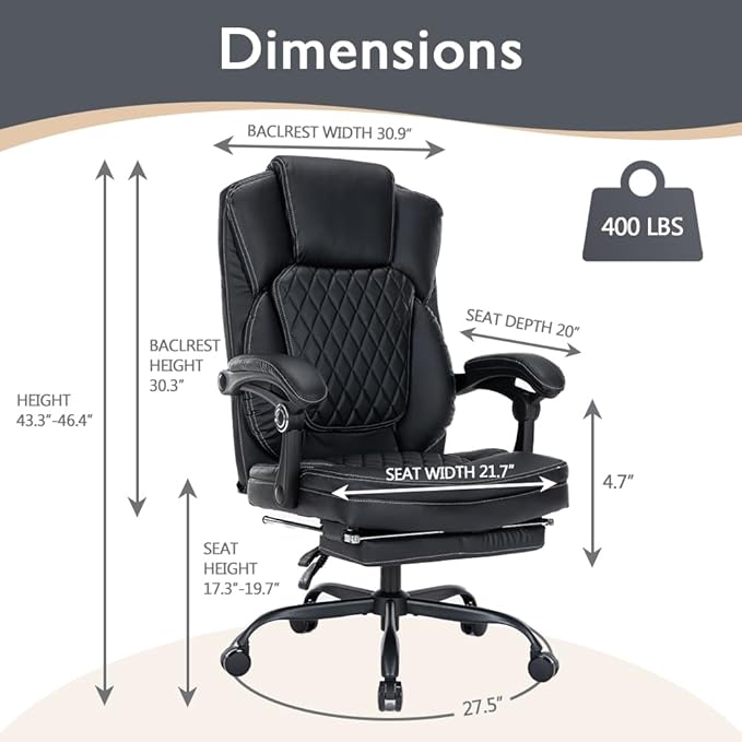 Ergonomic Office Chair with Foot Rest, Executive Chair with Footrest PU Leather Computer Chair, Big and Tall Chair Reclining Desk Chair, Thick Padded Coil Spring Seat, 400 lbs Capacity (Black)