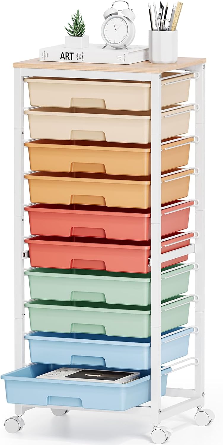 Rolling Cart with Drawers,10 Drawer Rolling Cart,Storage Cart with Wheels,Utility Cart with Drawers,Teacher Cart for Classroom Storage,Craft Cart with Wheels and Wooden Tabletop,Rainbow