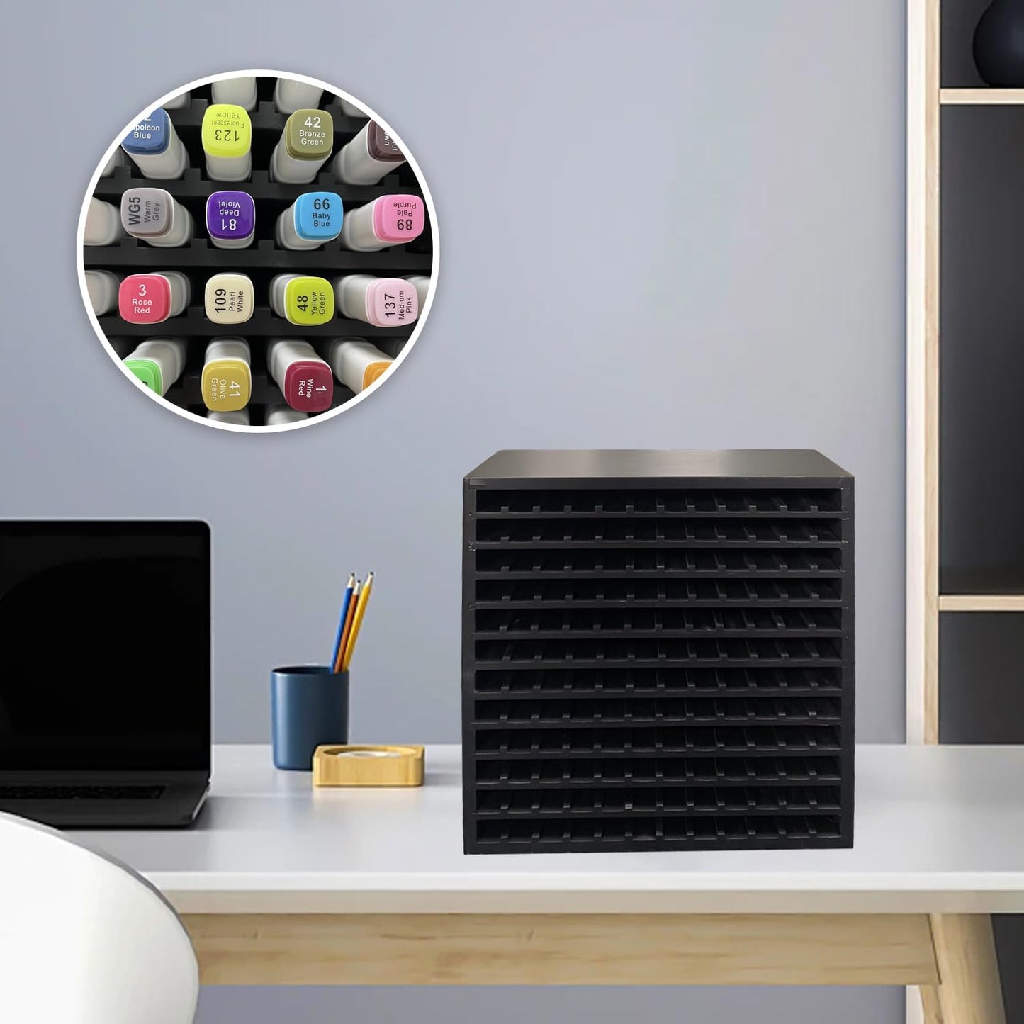 MinBoo Bamboo Marker Organizer Wooden Art Supply Storage Organizer Rack Art Markers Pens Colored Pencils Paint Brushes Stationary Organizer Holder (Black, Rack for 144 Markers)