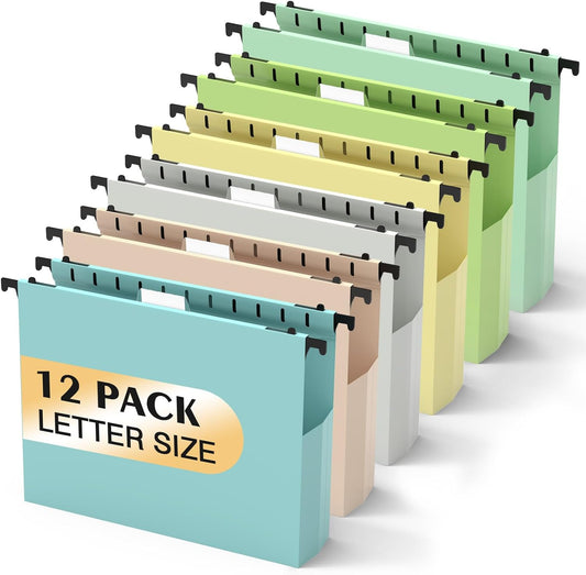 Extra Capacity Plastic Hanging File Folders,12 Pack Reinforced Hang Folder,Heavy Duty 2 Inch Expansion,Filing Cabinet Folders Letter Size for Bulk Files/Medical Charts (Morandi Colors)