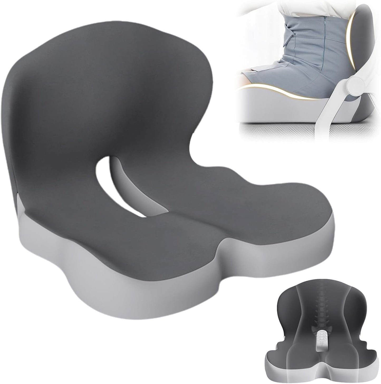 Back and Seat Cushion, 2025 New Ergonomic Non-Slip Memory Foam Seat Cushion with Back Support, L-Shaped Breathable Seat Cushions for Car, Office, Home (Mixed Gray)