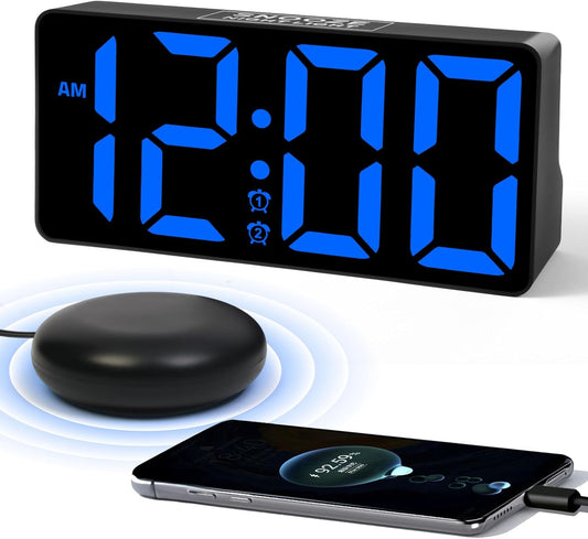 Alarm Clock for Bedroom Heavy Sleepers with Bed Shaker & Night Light-Vibrating Digital Clock Large Dimmable LED Digits with Dual Alarm & Charging Port Table Desk Clock for Hearing Impaired Seniors