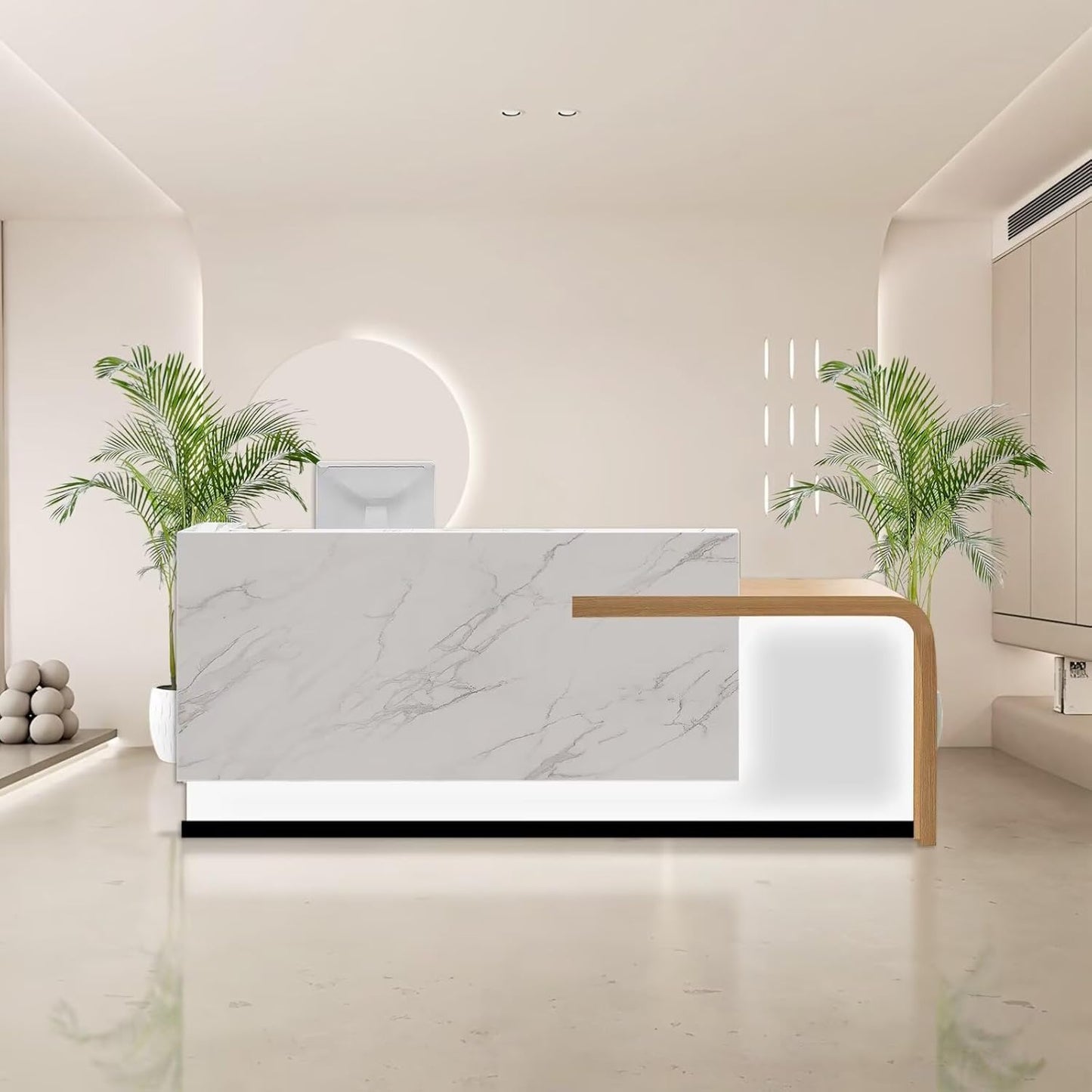 Reception Desk with Counter Modern Front Office Desk Large Reception Room Tables Checkout Counter Reception Table for Retail Lobby Beauty Salons White 87inch/220cm