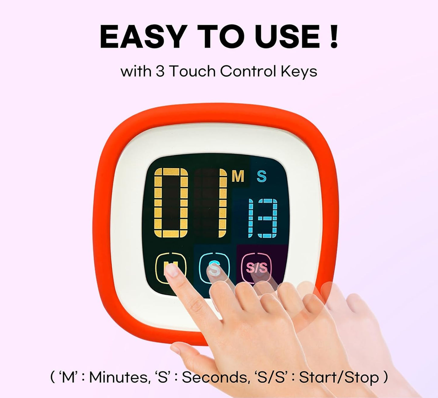 Digital Kitchen Timer, Countdown, Countup, Protective Rubber case, Large Display with Color Bold Digits, Touch Control, Backlit, Magnetic Kickstand, Loud Alarm, Auto Memory (Hot Rose)