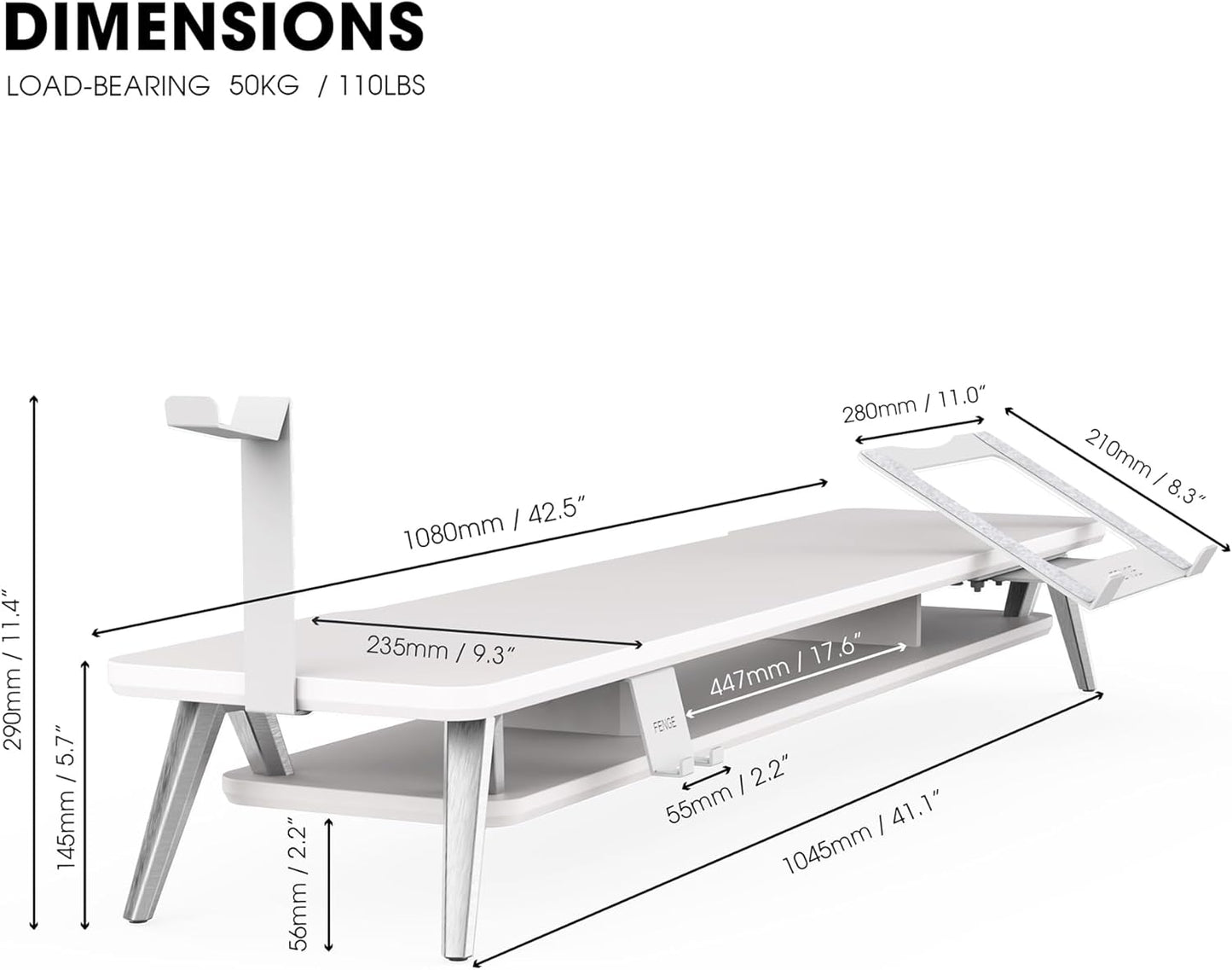 Fenge Dual Monitor Stand, Monitor Riser for 2 Monitors with Adjustable Laptop Riser , 42.5 Inch Desk Shelf for Top of Desk with Phone Holder& Headphone Stand