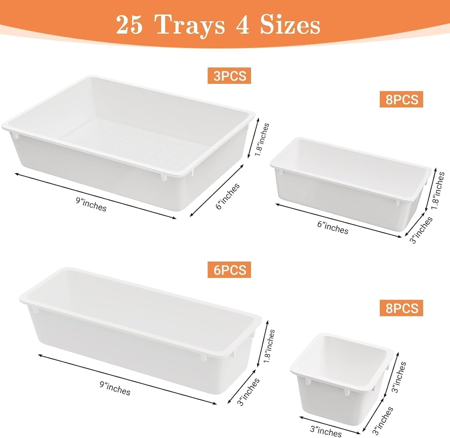 25 PCS Plastic Drawer Organizer Set, 4-Size Versatile Organizer Trays & storage Bins for Makeup, Jewelry, and Gadgets in Bathroom, Bedroom and Office, White